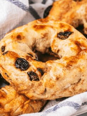 Air Fryer Dunkin' Donuts Cinnamon Raisin Bagel with a golden-brown crust and a sprinkle of cinnamon sugar