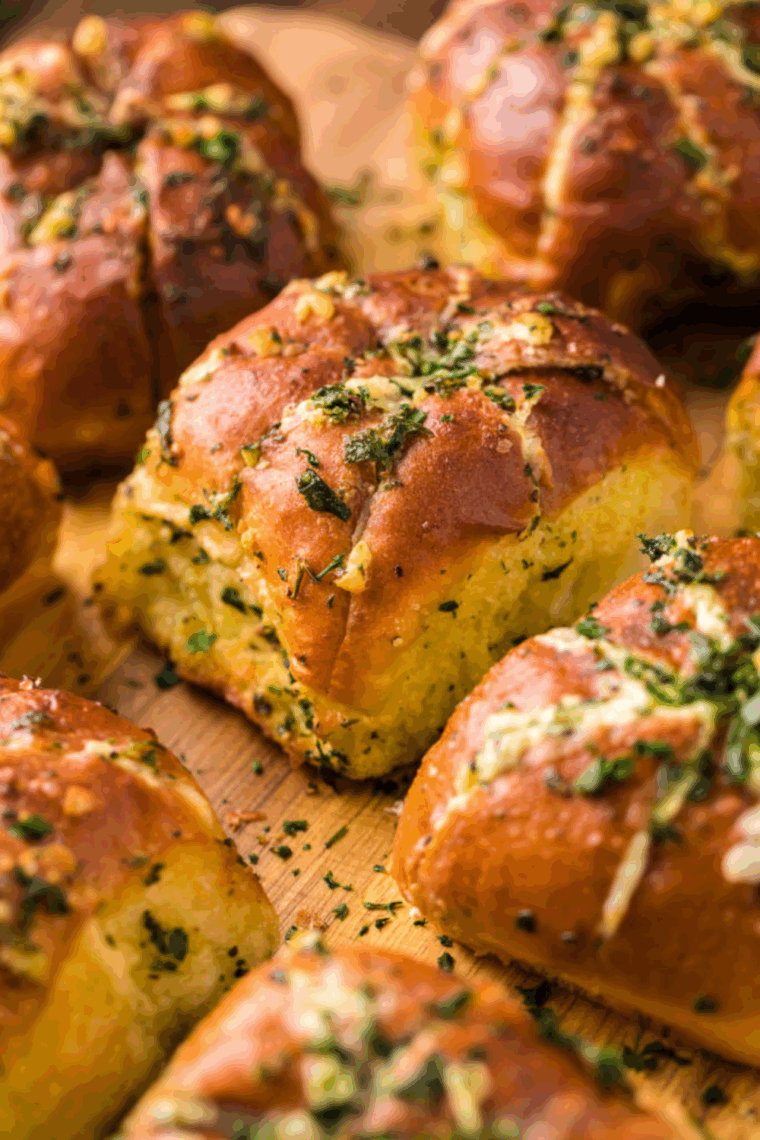 Golden air fryer garlic cream cheese rolls filled with melty cheese and topped with garlic butter and herbs.