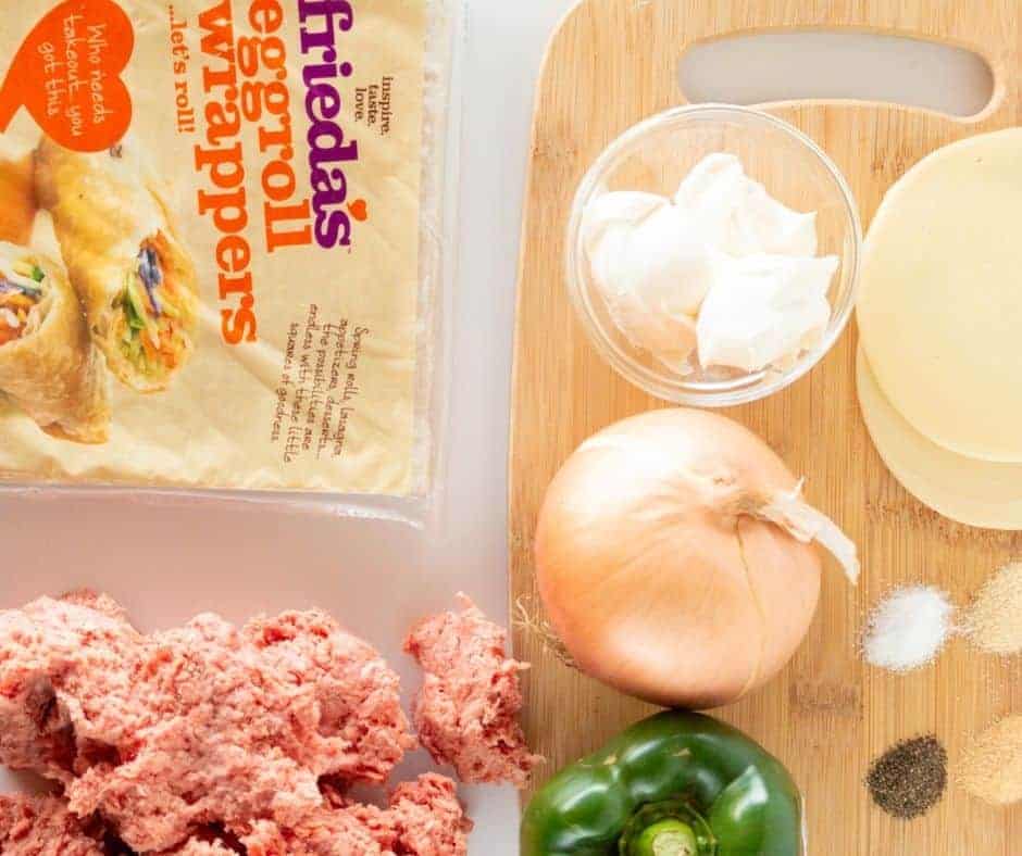 overhead: cheesesteak egg rolls ingredients
