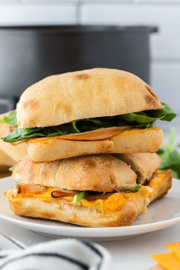 Air fryer turkey and cheese sandwich with melted cheddar and crispy ciabatta bread