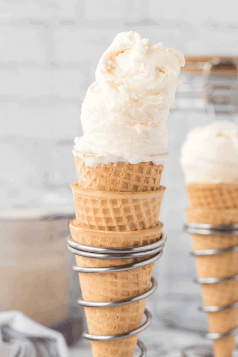 Ninja Creami Vanilla Bean Ice Cream in ice cream cones.