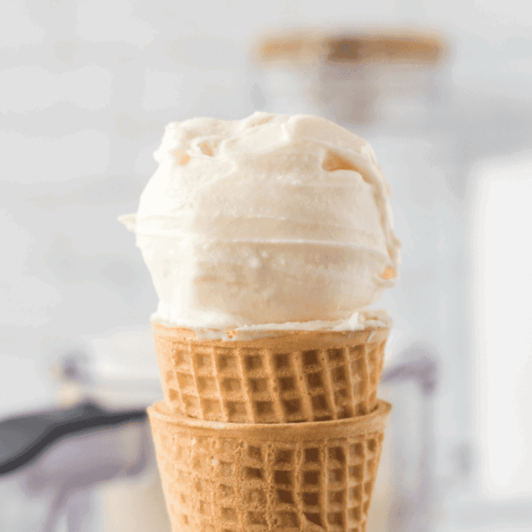 Homemade Ninja Creami vanilla bean ice cream in a bowl with creamy texture.