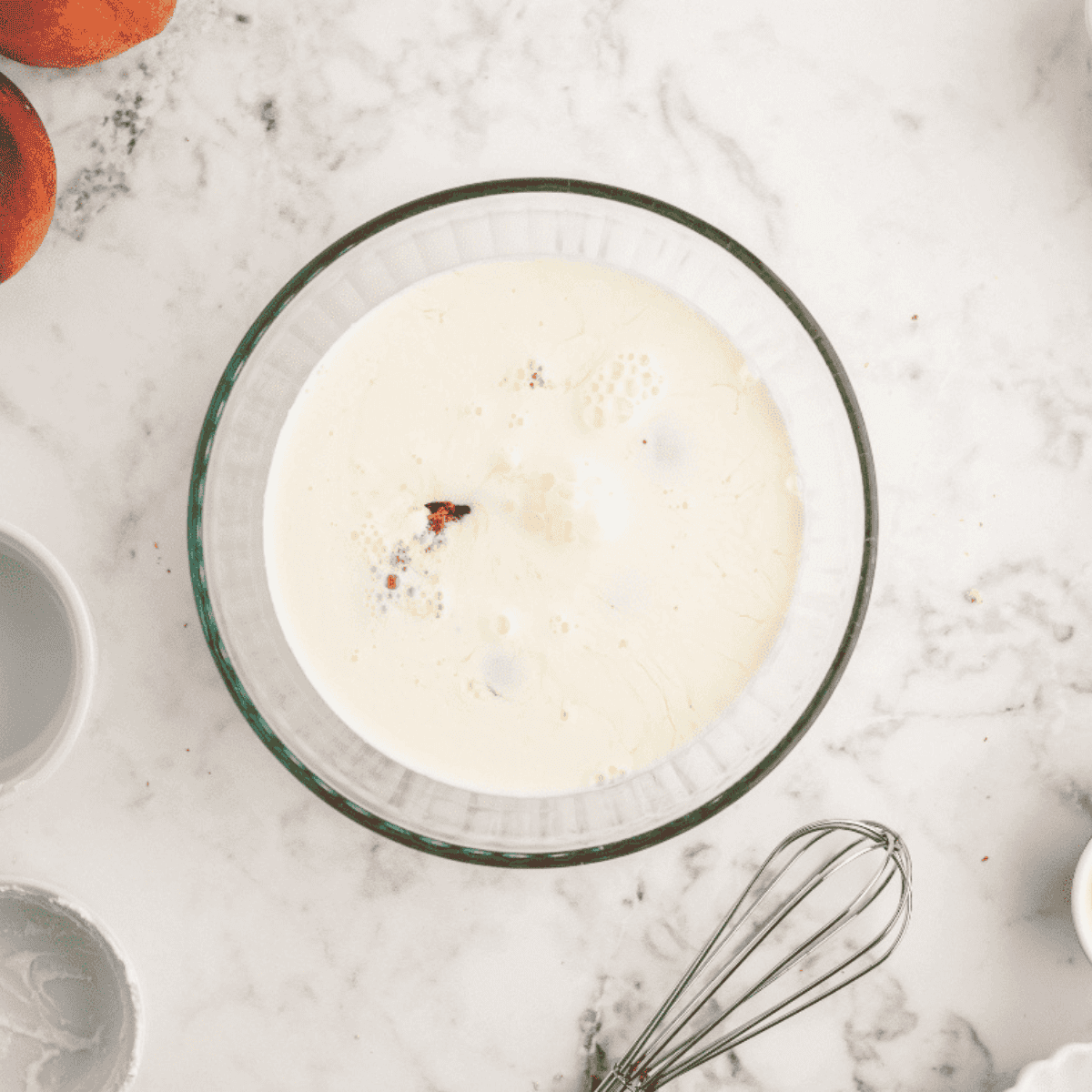 Homemade custard in the mixing bowl.