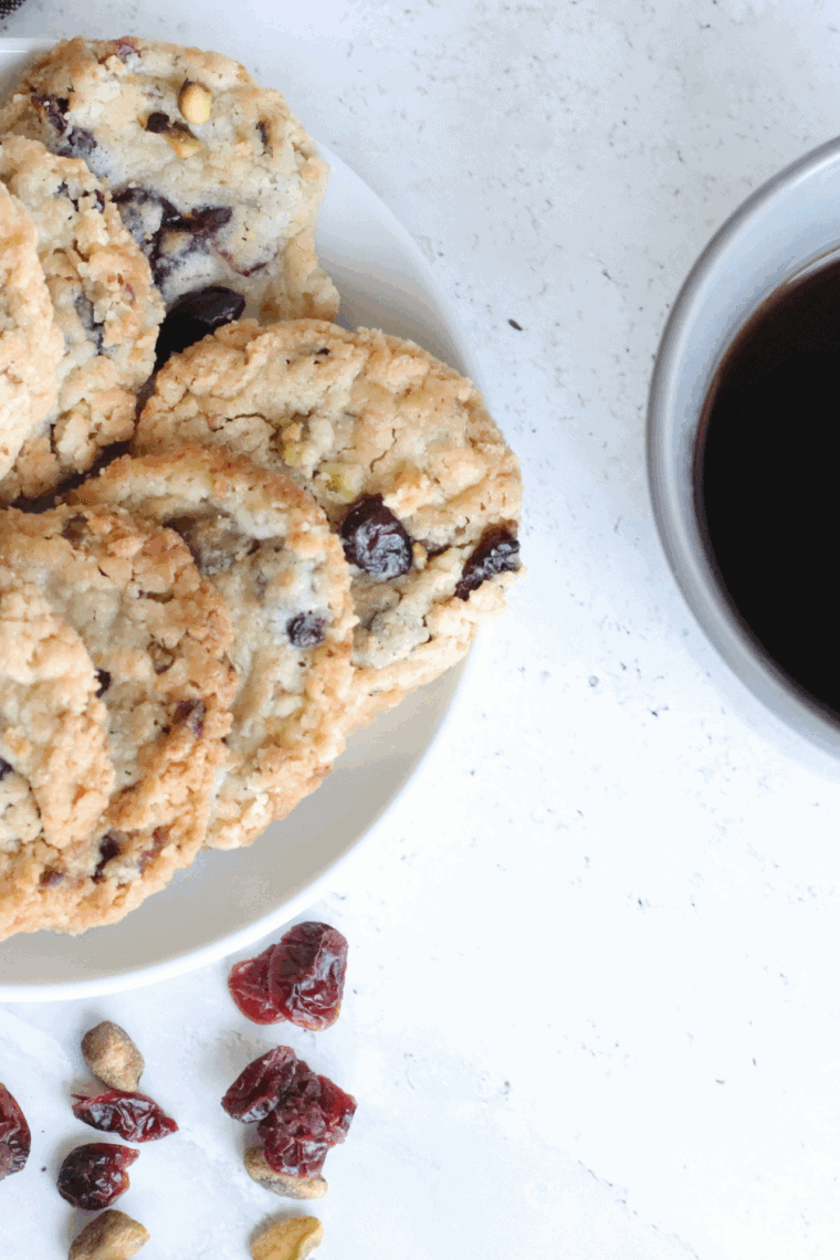 Golden-brown shortbread cookies with cranberries and pistachios fresh from the air fryer.