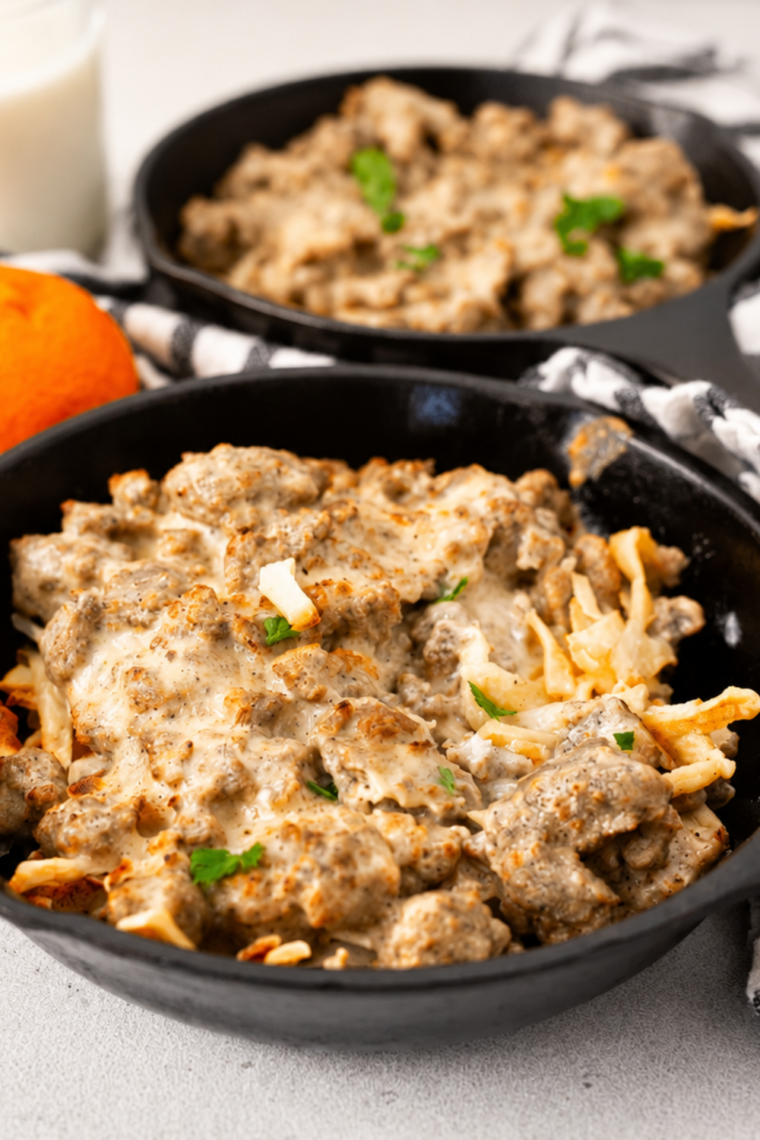 Air fryer sausage gravy breakfast skillet plated and ready to serve, crispy hash browns smothered in creamy homemade sausage gravy