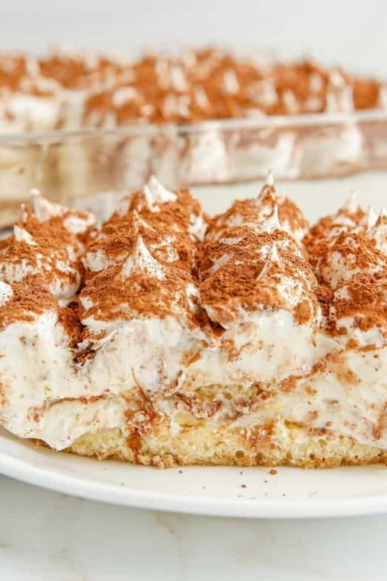 Two plates of air fryer tiramisu served with espresso cups alongside