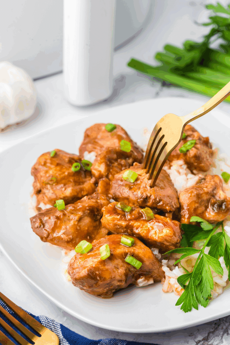 Benihana-style teriyaki chicken served over steamed rice, garnished with sesame seeds and green onions.