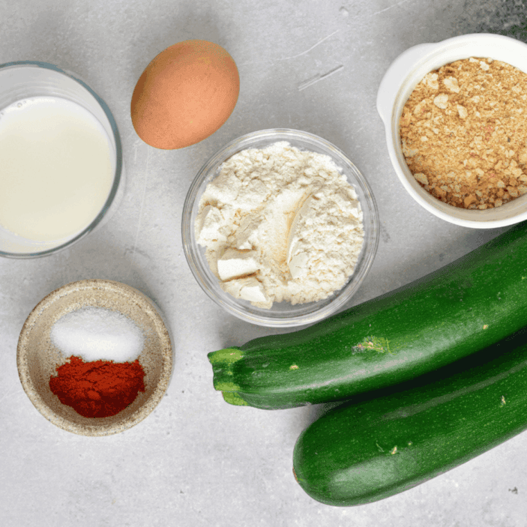 Ingredients needed for Cheesecake Factory’s Air Fryer Fried Zucchini on kitchen table.