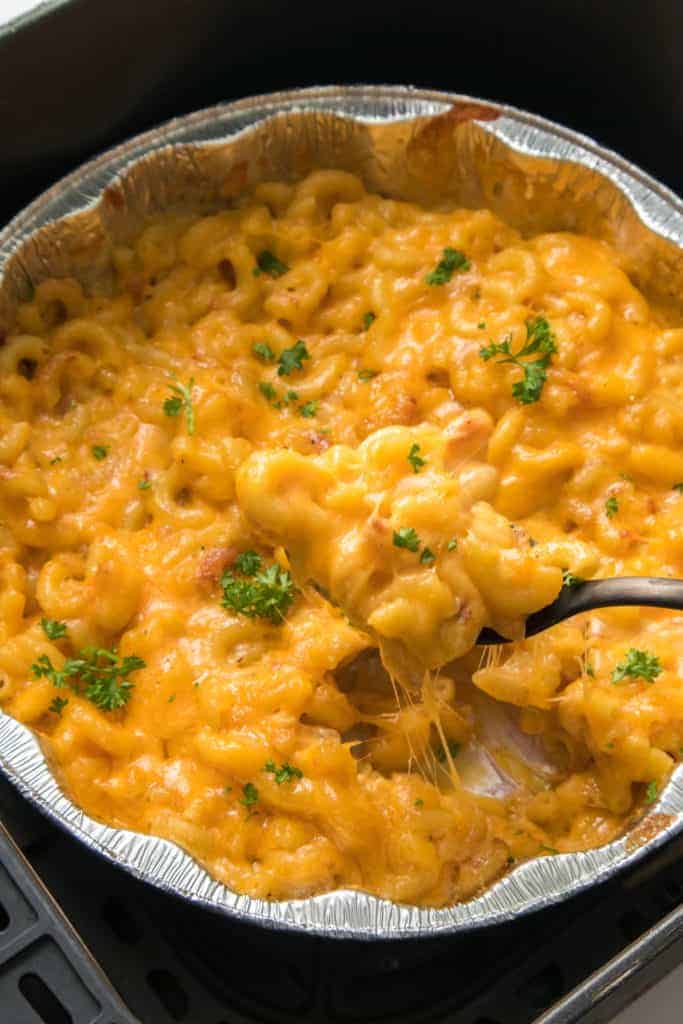 closeup overhead: macaroni and cheese needed to make mac and cheese bites in air fryer