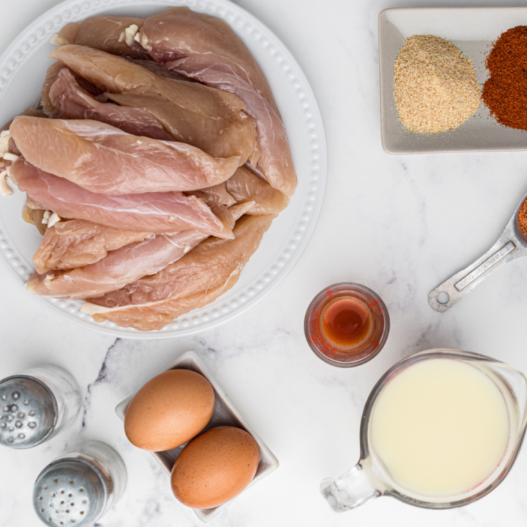 Ingredients needed for Zaxby’s Chicken Finger Recipe on table.