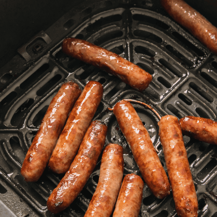 Golden-brown Jimmy Dean sausage patties cooked in an air fryer, crispy on the outside and juicy inside.