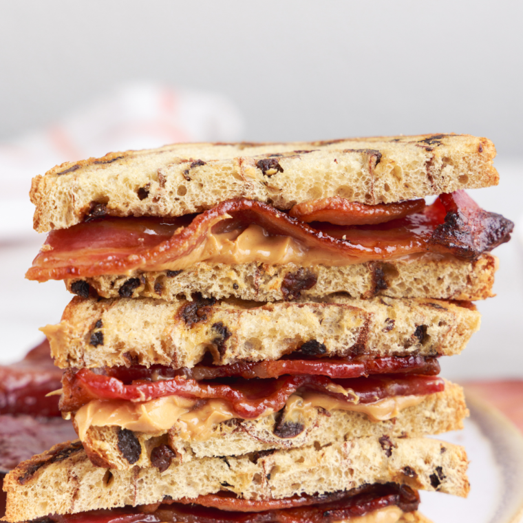 Air Fryer Peanut Butter and Bacon Sandwich with crispy bacon and creamy peanut butter in a toasted sandwich.