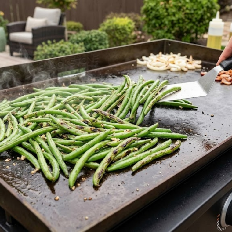 Close up of seasoned green beans on a hot griddle being tossed with spatula
