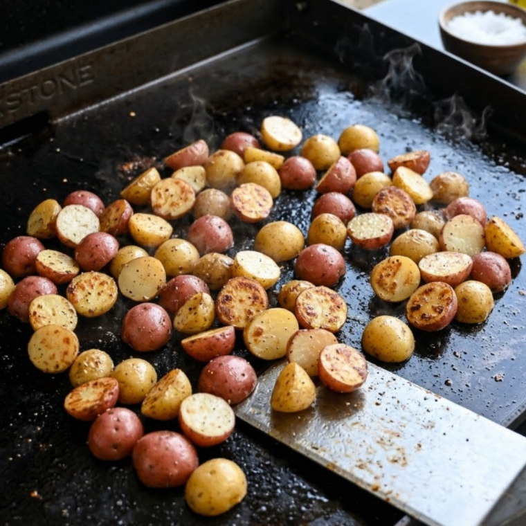 Potatoes placed cut-side down on a hot Blackstone griddle in a single layer, sizzling in oil as they develop a golden crispy crust without being moved