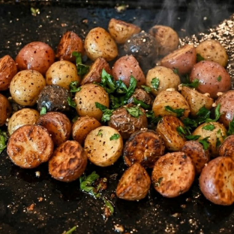 Potatoes being flipped on a Blackstone griddle and cooked until crisp and fork-tender, with even browning on all sides under a covered dome