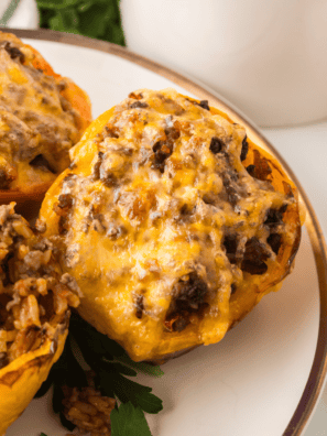 Four Cuban picadillo stuffed peppers in an air fryer basket, filled with ground beef, green olives, and raisins