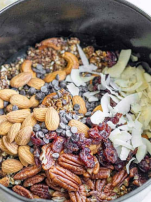 Pumpkin Granola ingredients in the air fryer basket, ready to be cooked. (air-fried)