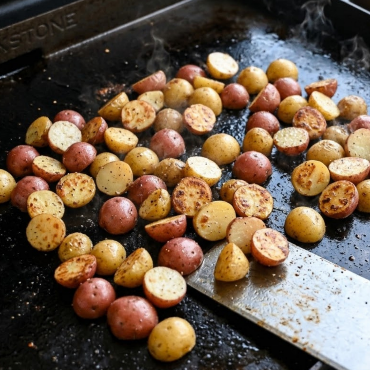 Smashing boiled potatoes on a hot griddle with a spatula to create flat crispy edges.