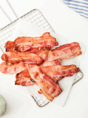 Crispy Bar-S sliced bacon cooked in an air fryer basket, ready to serve.