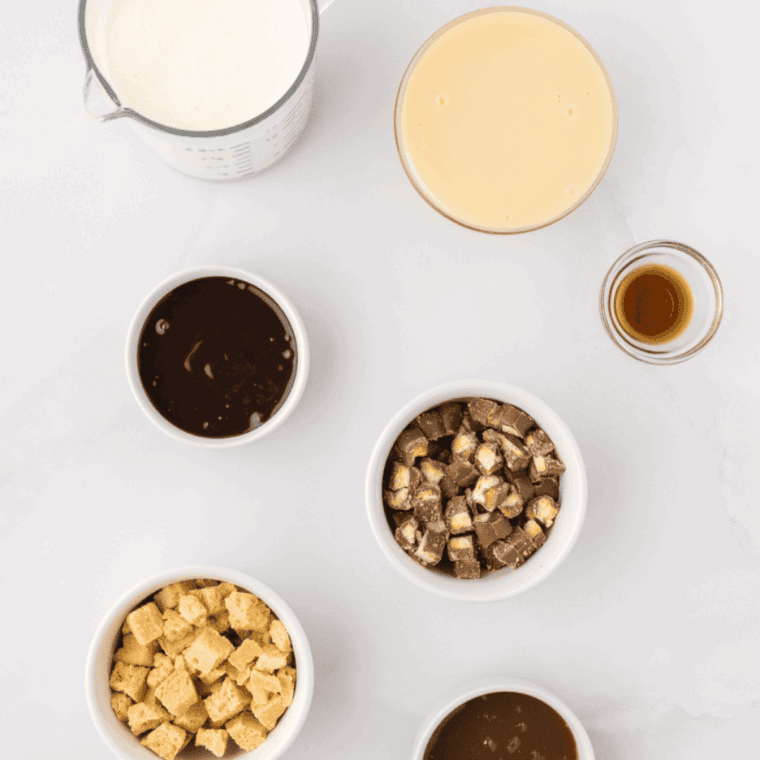 Ingredients needed for Ninja Creami Chocolate Toffee Ice Cream on kitchen table.
