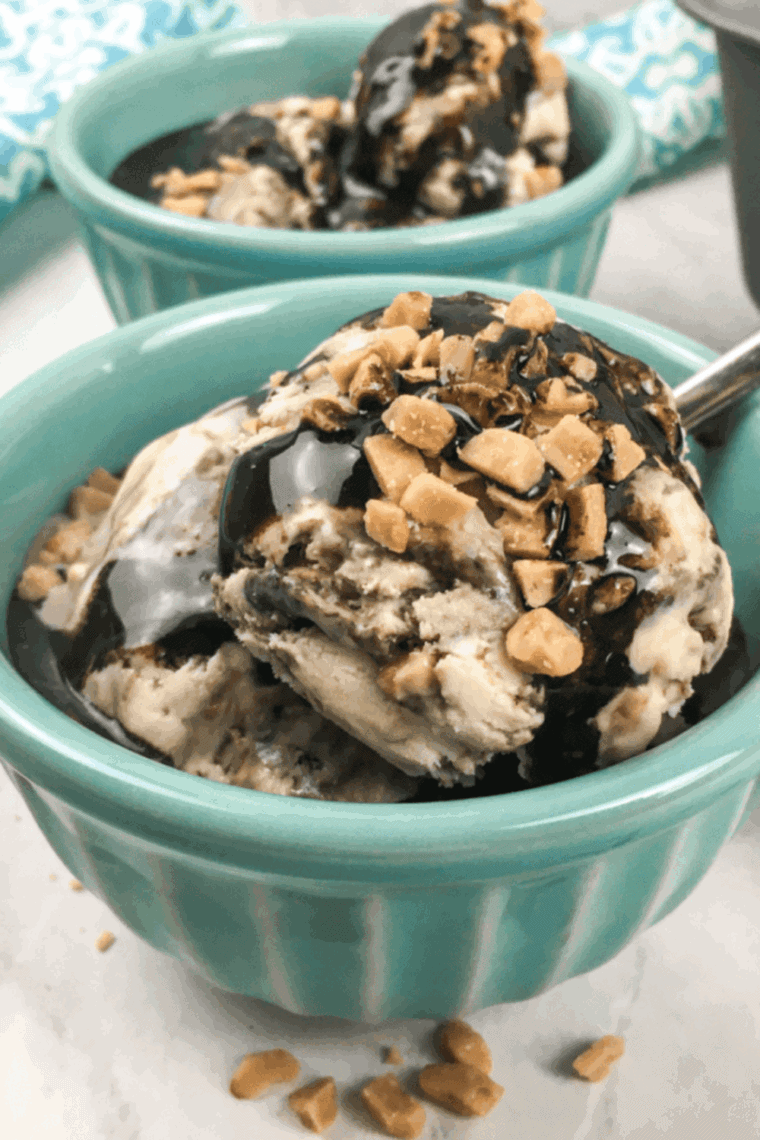 Creamy Ninja Creami Chocolate Toffee Ice Cream topped with crunchy toffee bits in a bowl.