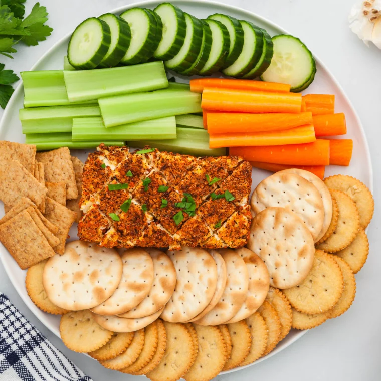 Traeger Smoked Cream Cheese served with crackers, a smoky and creamy appetizer for any gathering.