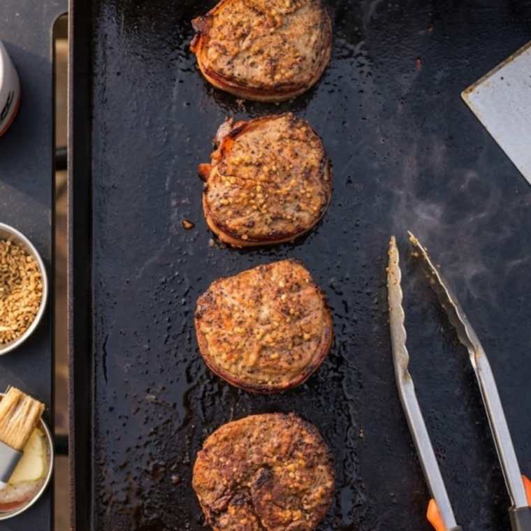 Steaks being basted with melted garlic butter and fresh herbs while cooking on a griddle.