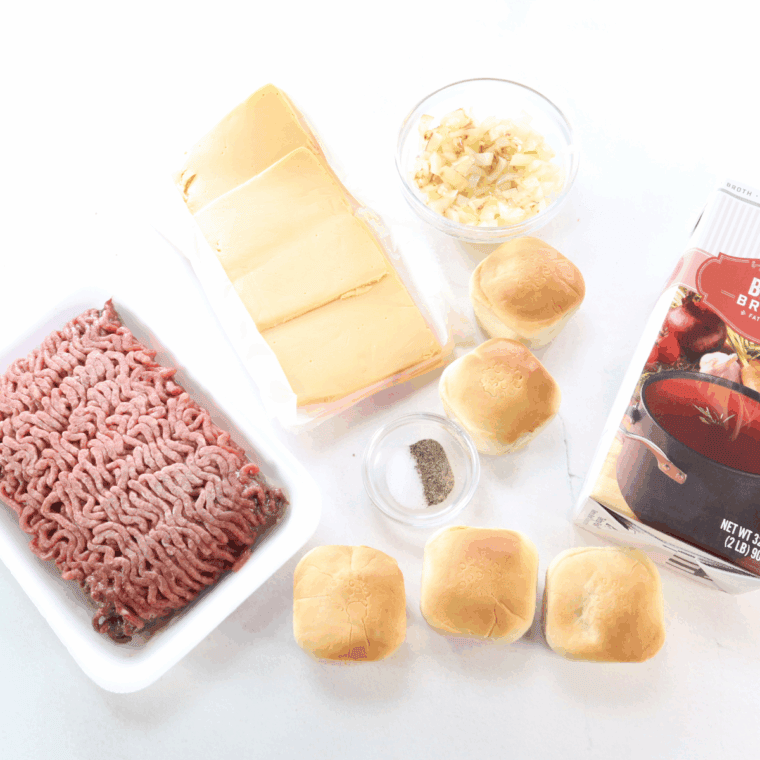 Ingredients needed for Copycat Easy White Castle Burgers Recipe on kitchen table.