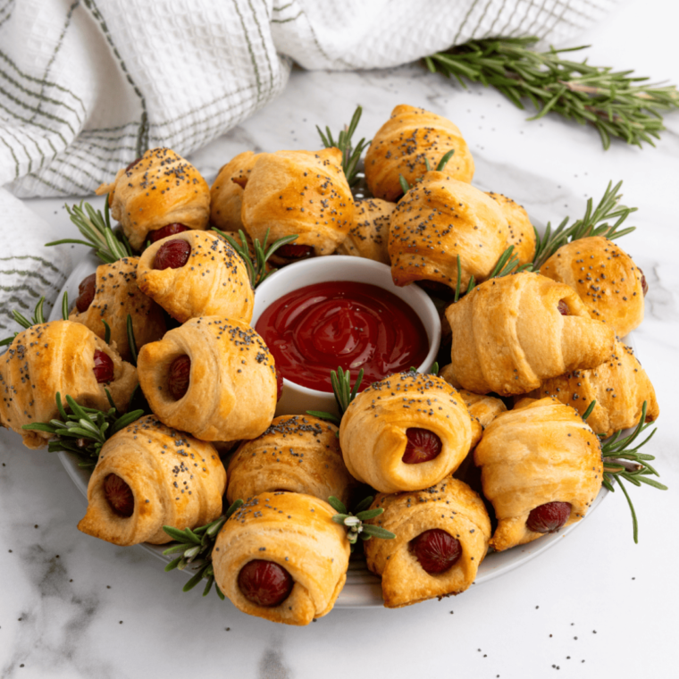 Golden brown frozen pigs in a blanket cooked in the air fryer, served on a plate with dipping sauces.