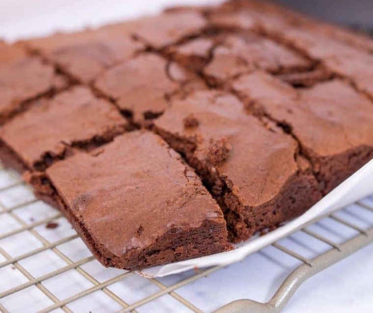 Close up of cut air fryer brownies from mix. 
