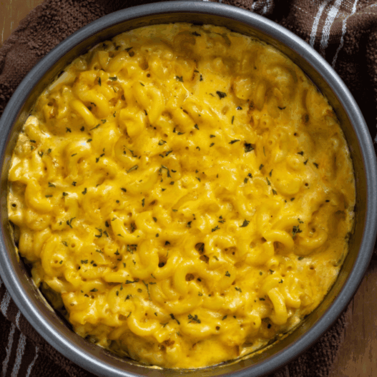 Classic baked mac and cheese with golden crust