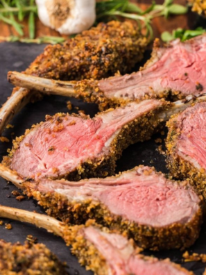 Air fryer lamb cutlets on a white plate with a golden herb crust, garnished with fresh rosemary