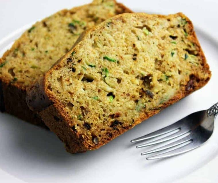 two slices of zucchini bread with fork