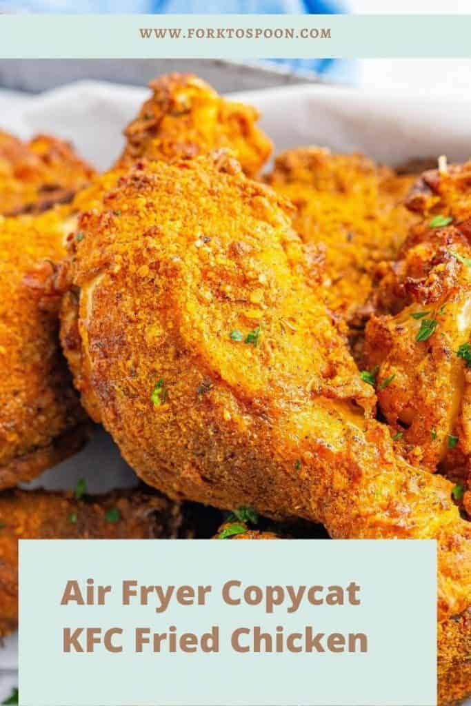 Close up of KFC air fryer chicken with overlay text reading "Air Fryer Copycat KFC Fried Chicken" 