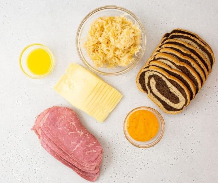 Top view of ingredients needed for this reuben recipe. 