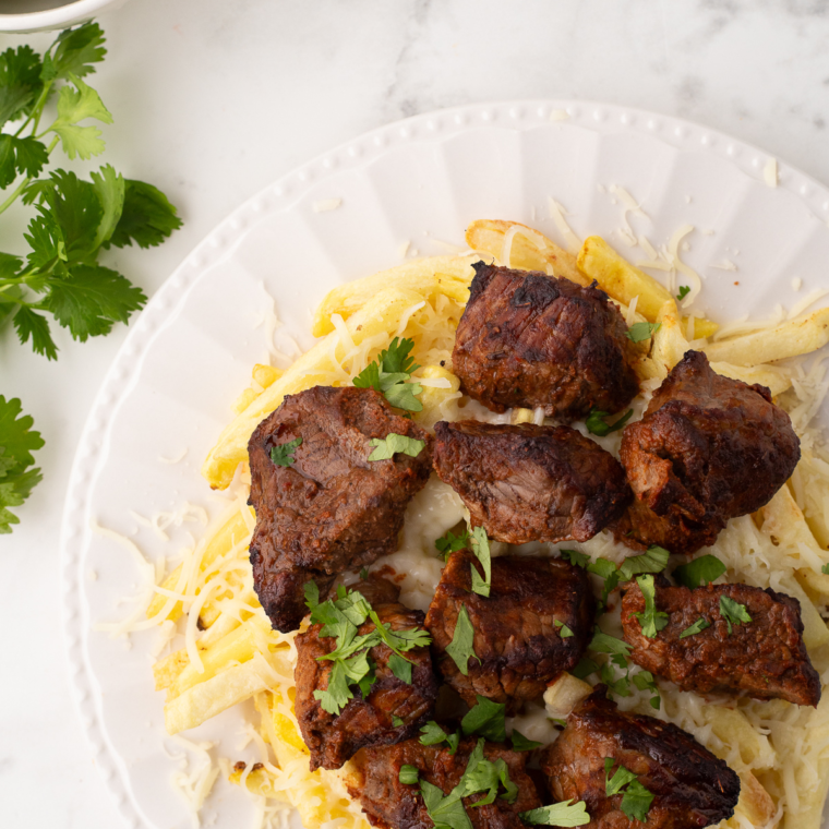 A plate of golden, crispy Air Fryer Birria Fries topped with savory birria beef, melted cheese, cilantro, and a wedge of lime for an irresistible Mexican-inspired dish.