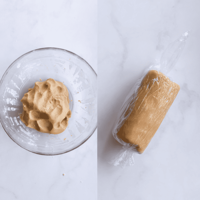 making the dough and wrapping into saran wrap.