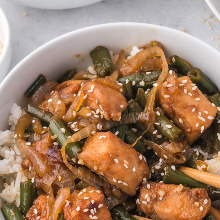 Air fryer Panda Express Green Bean Chicken with tender chicken, crisp green beans, and soy-ginger sauce.