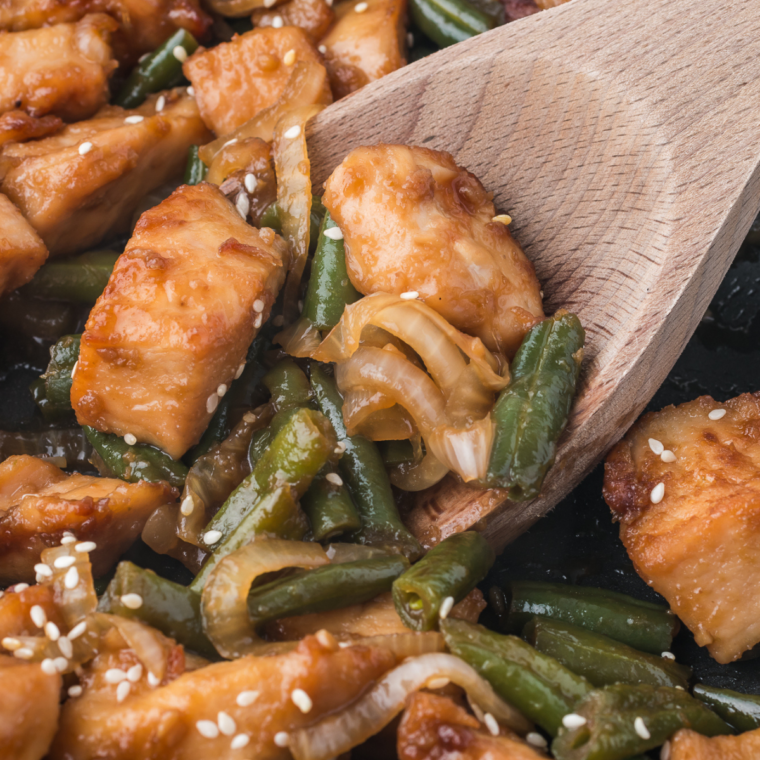 Panda Express Green Bean Chicken with tender chicken and crispy green beans in a soy-ginger sauce.