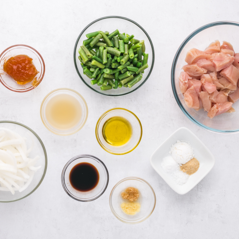 Ingredients needed for Panda Express Green Bean Chicken Recipe on kitchen table.