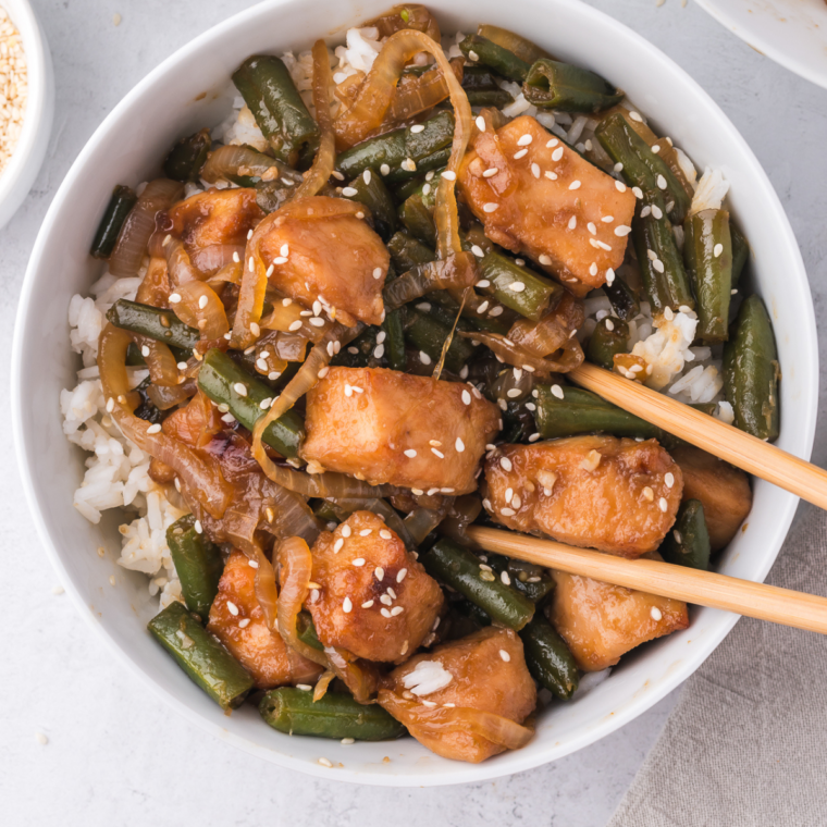 Panda Express Green Bean Chicken with tender chicken, crisp green beans, and soy-ginger sauce.