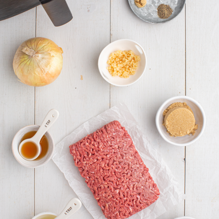 Ingredients Needed For Air Fryer Korean Ground Beef and Rice Bowls on kitchen table.