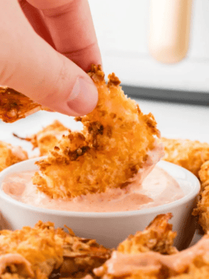 Crispy panko fried shrimp made in the air fryer, served with lemon wedges and cocktail sauce.