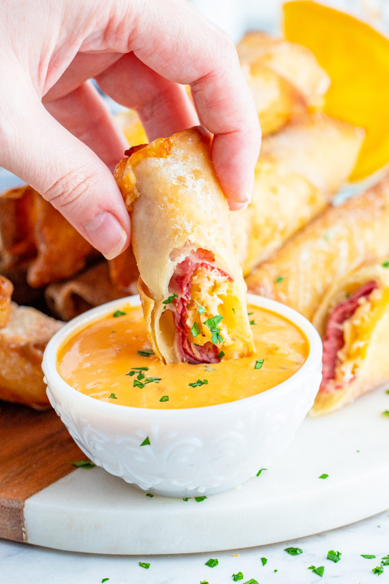 Golden, crispy Air Fryer Reuben Egg Rolls with savory filling.