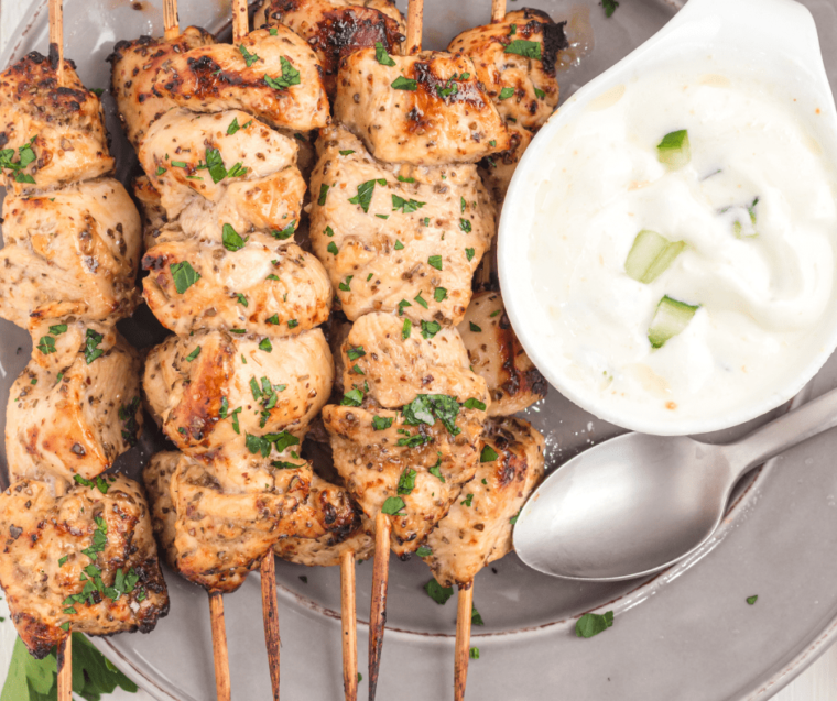 air fried chicken kabobs with side of tzatziki sauce