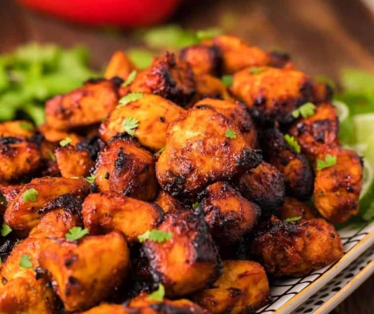 Close up of finished chicken bites in air fryer recipe 