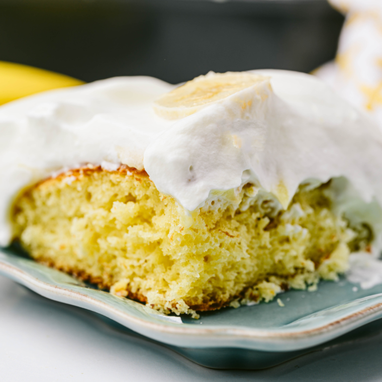 Air Fryer Banana Poke Cake served with caramel drizzle and banana slices"