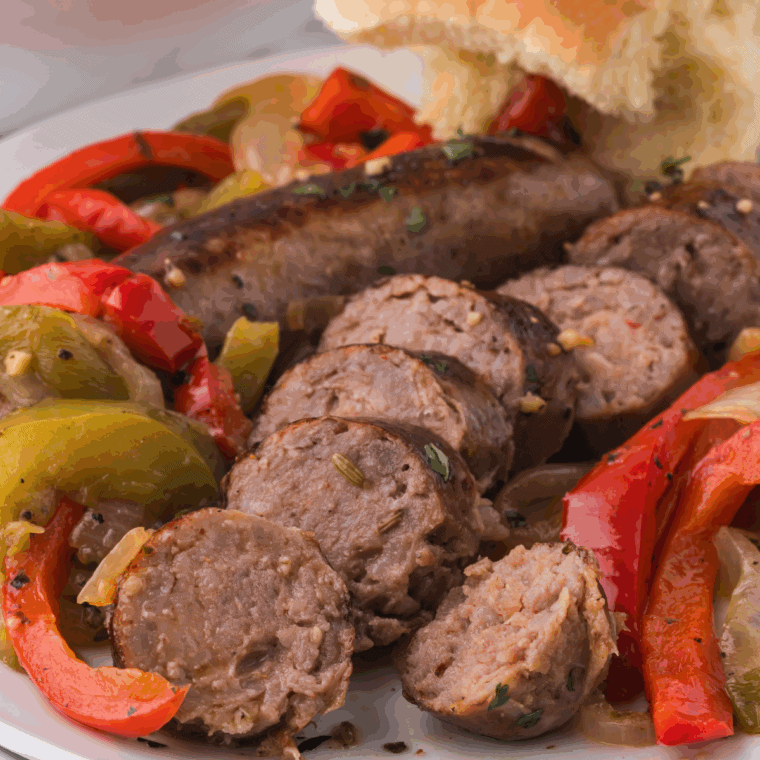 Golden brown Air Fryer Frozen Italian Sausage, crispy on the outside and juicy on the inside, ready to serve.
