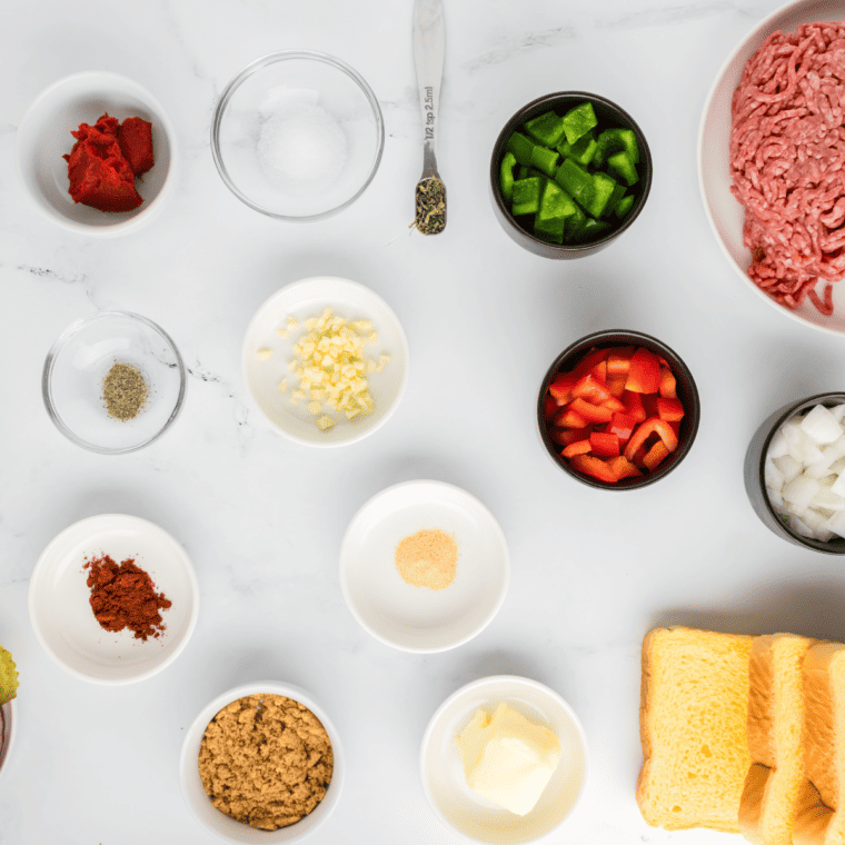 Ingredients needed for Open Faced Sloppy Joes - Wahlburger Copycat on kitchen table.