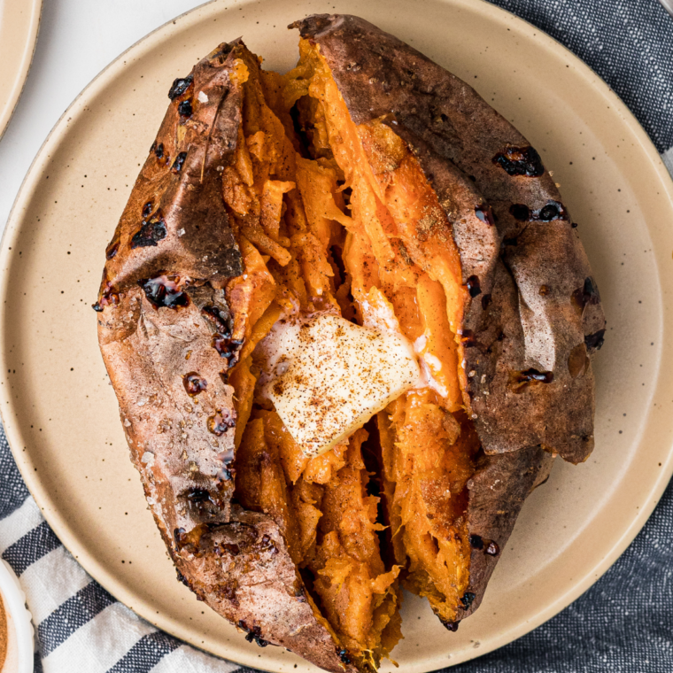 A perfectly baked sweet potato made in the Ninja Foodi, ready to be served.